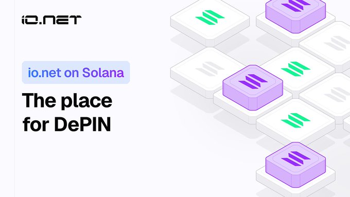 The image shows a white square with purple squares, each containing a different logo or text. The text "io-net" is written at the top left corner, while "i-net" is located at the bottom right corner of the image. The text "the place for DEPIN" is placed in the center of the image, and "i-net on Solanaa" is positioned above it. The image also contains a small purple square with the word "DEPIN" written below it.