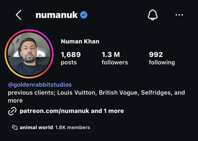 The image shows the Instagram profile of "numanuk" (Numan Khan), displaying 1.3M followers, 1,689 posts, and 992 following accounts, along with links to @goldenrabbitstudios and patreon.com/numanuk. The post highlights the achievement of onboarding an account with 1.3 million followers, directly referencing the follower count shown in the profile.