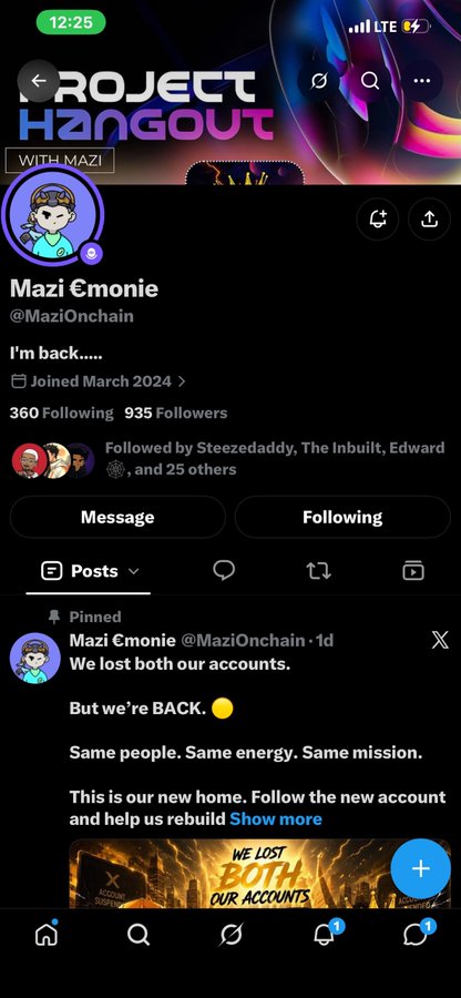 The image shows a table piled high with various discarded smartphones and phone cases, beneath a pinned tweet from "MaziOnchain" announcing "WE LOST BOTH OUR ACCOUNTS." The accompanying post from @10xoffweb3 explains that several friends lost their accounts and are returning under new handles, asking for quick support—highlighting the emotional weight behind a community rallying to help creators rebuild after losing access to their original profiles.