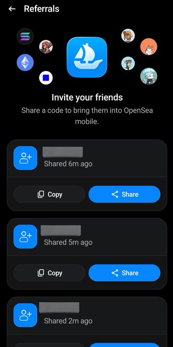 A mobile screenshot of the OpenSea app's Referrals page, showing a sailboat logo, an 'Invite your friends' prompt, and a list of shared referral codes with Copy and Share buttons.