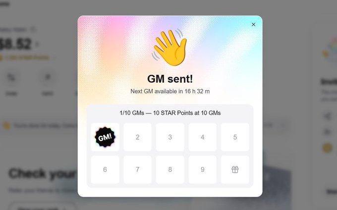A pop-up window from a rewards interface showing a waving hand emoji and the text 'GM sent! Next GM available in 16 h 32 m,' along with a 10-day tracking grid starting with a 'GM!' badge.