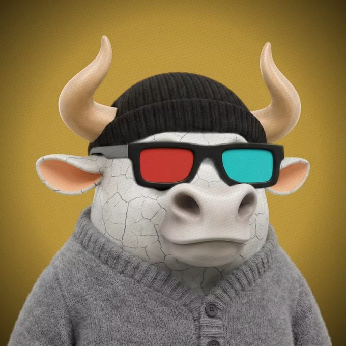 A 3D-rendered character depicts a cracked-texture white cow wearing a black knit beanie, red-blue 3D glasses, and a gray buttoned cardigan against a yellow background.