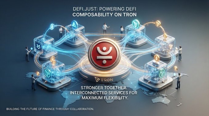 Promotional graphic for 'DEFIJUST: POWERING DEFI COMPOSABILITY ON TRON' with text about stronger interconnected services and building the future of finance through collaboration.