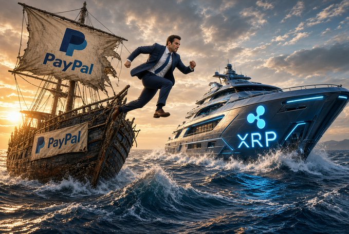 A businessman leaps from a weathered, PayPal-branded sailing ship toward a sleek, modern XRP yacht cutting through the waves—symbolizing the headline's claim that a former PayPal engineering director has defected to Ripple, fueling expectations that XRP is poised to surge.