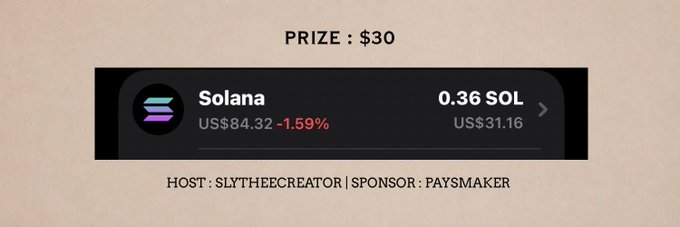 The image shows a banner with text that reads "P prize $30" and "SOLANA US8432 1.55%". The text also includes mentions of a giveaway, rt and follow, and a link to drop solana wallets for two winners.