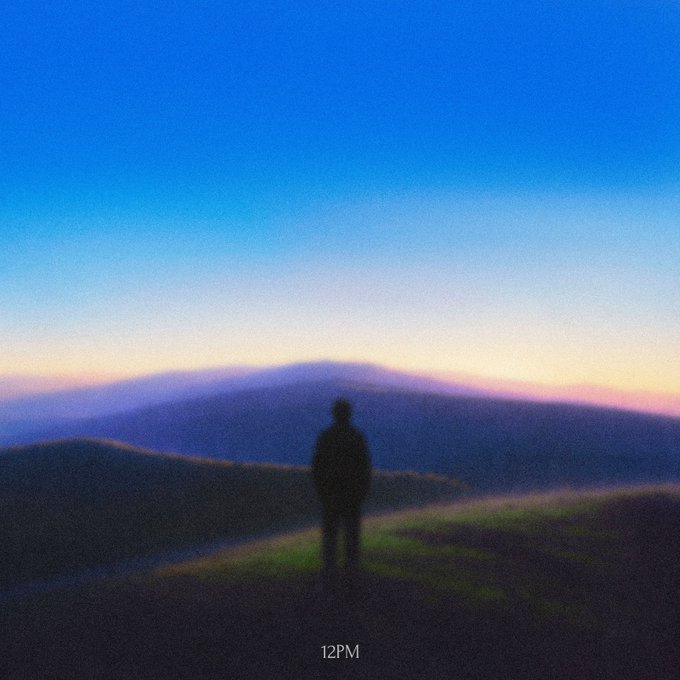 A blurry silhouette of a person standing in a mountainous landscape at twilight, with '12PM' text at the bottom.