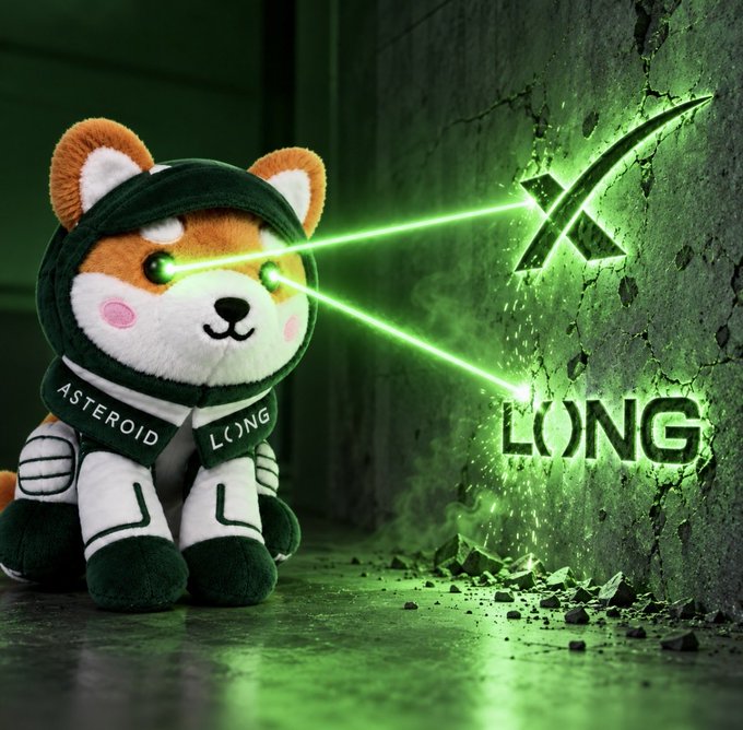 A plush toy dog wearing a green and white 'ASTEROID LONG' spacesuit projects green laser eyes that spell 'LONG' on a cracked concrete wall in a dark room.