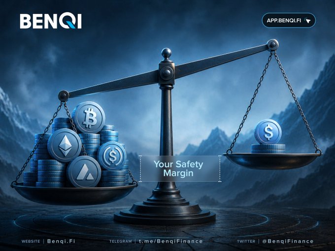 A promotional graphic for Benqi featuring a balance scale with cryptocurrency coins (Bitcoin, Ethereum) on one side and a dollar coin on the other, with the tagline 'Your Safety Margin.'