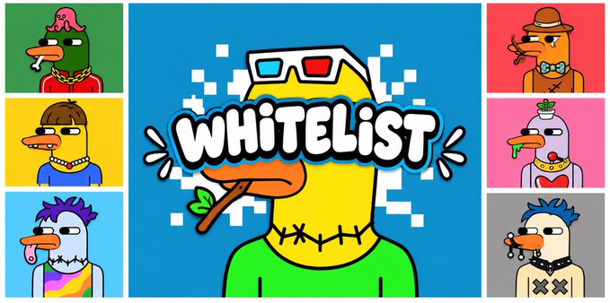 A vibrant promotional graphic for Quack Gang NFT featuring the word "WHITELIST" prominently displayed in front of a pixelated 3D glasses-wearing duck, surrounded by smaller cartoon duck characters with various accessories against colorful backgrounds, indicating a secure free mint opportunity for the project.