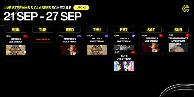A weekly schedule titled 'LIVE STREAMS & CLASSES SCHEDULE' for 21 SEP - 27 SEP (UTC +2), showing various streams including 'MATRIX'S LIVE STREAM' on Monday, 'NO STREAM' on Tuesday, and 'OSIRHAN'S LIVE STREAM' on Friday.