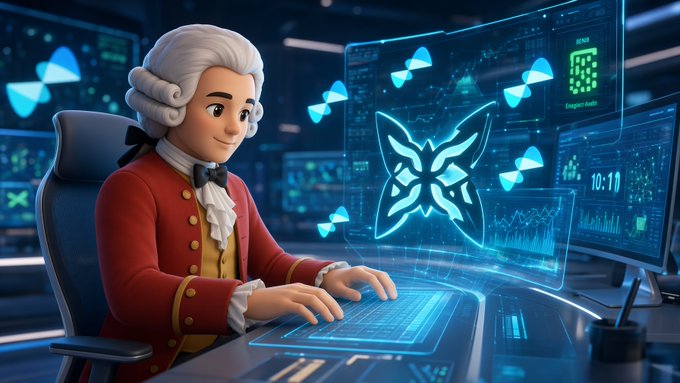 A 3D animated character dressed in 18th-century attire with a white powdered wig and red coat types on a futuristic glowing keyboard, with holographic charts and a butterfly-shaped logo displayed on screens.
