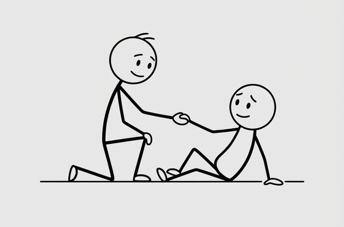 A stick-figure illustration shows one person kneeling and extending a hand to help another person up from the ground, both smiling.

The image relates to the post by visually representing the idea of support and community building—mirroring how Tria's Shadow NFTs help lift up and connect early supporters, just as the standing figure helps the seated one.