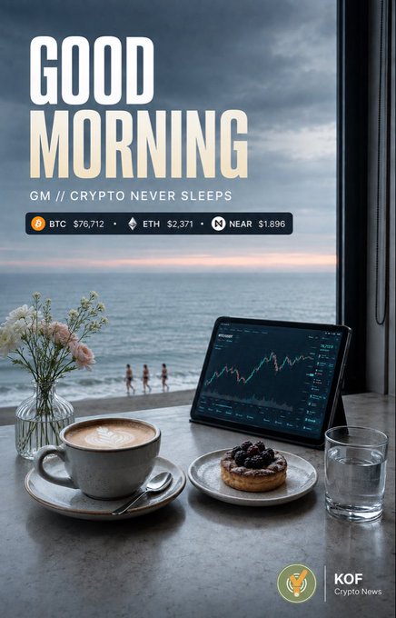 A 'GOOD MORNING' graphic with 'GM // CRYPTO NEVER SLEEPS' subtitle shows crypto prices (BTC $76,712, ETH $2,371, NEAR $1,896) above an image of a latte, pastry, and tablet displaying a chart, with 'KOF Crypto News' branding.