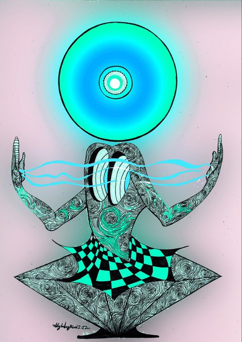 A meditating figure adorned in swirling teal patterns sits cross-legged on a checkered cushion, balancing a glowing turquoise orb on its shoulders, with the artist's signature "ellehogan" visible at the bottom — an evocative piece titled "Hidden Power," recently collected via the objkt.com marketplace.