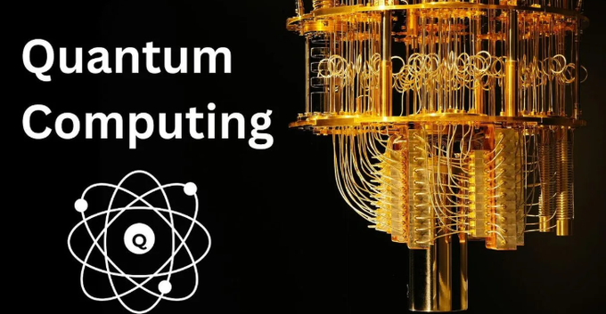 A graphic with the text 'Quantum Computing' and an atom symbol with a 'Q' in the center, next to an image of a gold quantum computer on a black background.