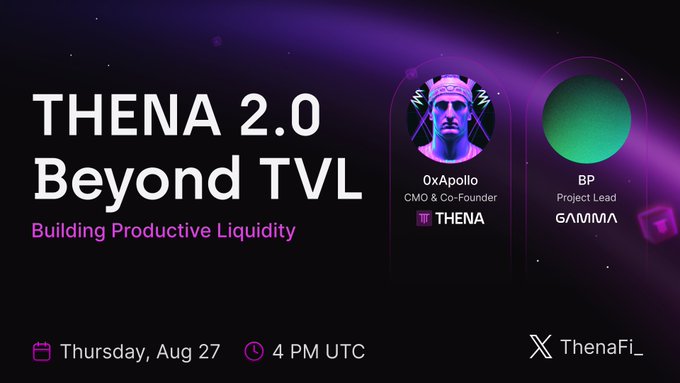 Promotional graphic for a 'THENA 2.0 Beyond TVL: Building Productive Liquidity' event scheduled for Thursday, August 27 at 4 PM UTC, featuring speakers 0xApollo (CMO & Co-Founder of THENA) and BP (Project Lead at GAMMA), with the ThenaFi handle displayed.