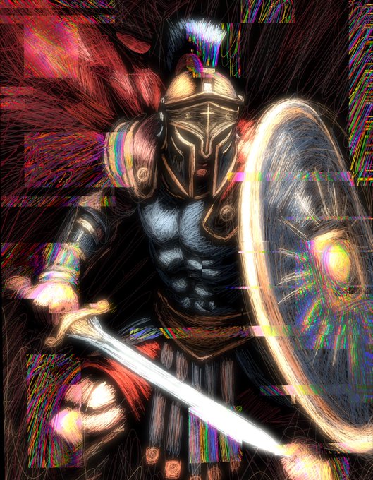 The image features a vibrant illustration of a warrior equipped with a sword held high above his head, ready for battle. The warrior's armor consists of a helmet, a sword, and holding a shield in his hand. The art style is abstract and includes red and pink colors that make the image stand out. Above the image, there is text stating "Unshakeable Faith" and "Now LIVE as this weekend's open edition! Price? 0.75 XRP Limit? 3 Per wallet Where?". These elements contribute to the overall theme of strength and faith portrayed in the artwork.