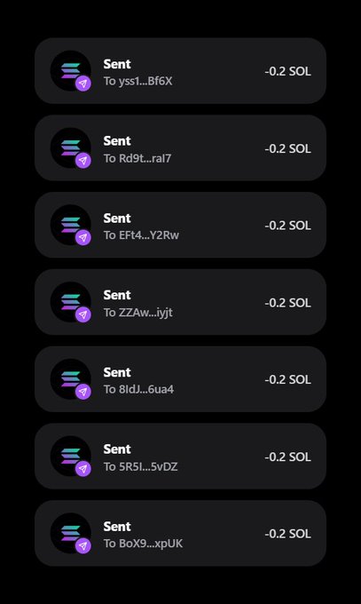 A mobile interface displays seven consecutive "Sent" transactions of -0.2 SOL each to different wallet addresses (ys s1...Bf6X, Rd9t...raI7, EFk4...Y2Rw, ZZAw...iyjt, 8IdJ...1...6ua4, 5R5i...5vDZ, and BoX9...xpUK), appearing to represent a crypto airdrop distribution where 0.2 SOL is being sent to qualifying wallets.