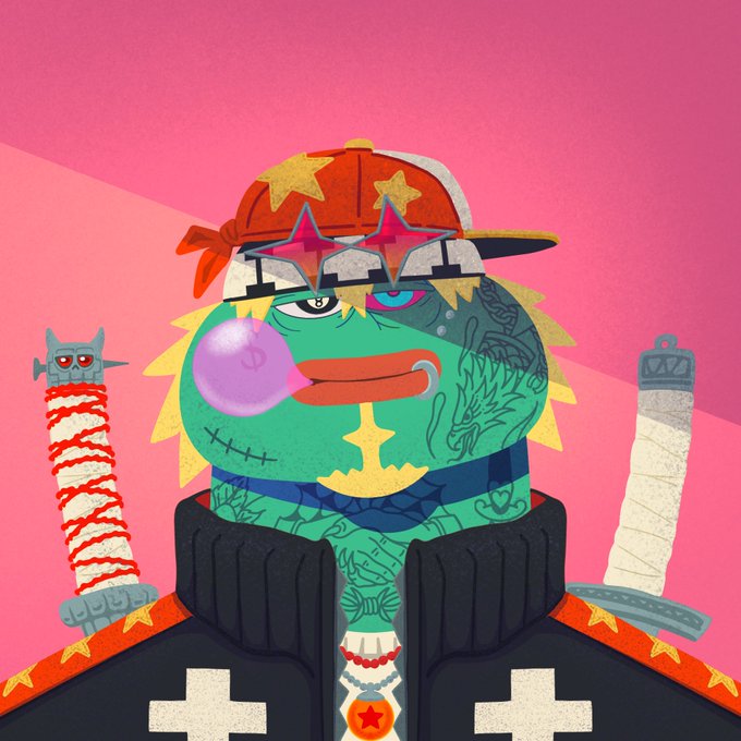 A green Pepe-style character with tattoo-covered skin, star-shaped sunglasses, and a backward cap chews pink bubblegum between two swords (one wrapped in red, one wrapped in white) against a pink background. The illustration, drawn by @OATSSALLOS, appears to be an NFT created for holders of 40+ TrustUsNFT, reflecting the post's crypto community "GM" sentiment with its tough, Chad-like aesthetic.
