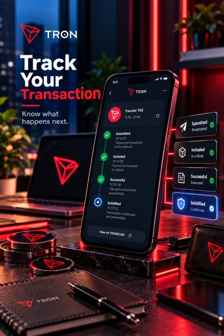 A TRON promotional graphic says "Track Your Transaction" and shows a phone tracking stages including Submitted, Included, Successful, and Satisfied.