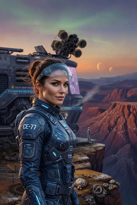 The image features a woman dressed in a futuristic outfit, standing on a cliff overlooking a desert landscape with mountains in the background. She appears to be posing for the photo while wearing a helmet that has "Grok" written on it. The caption reads "Grok 4.3".