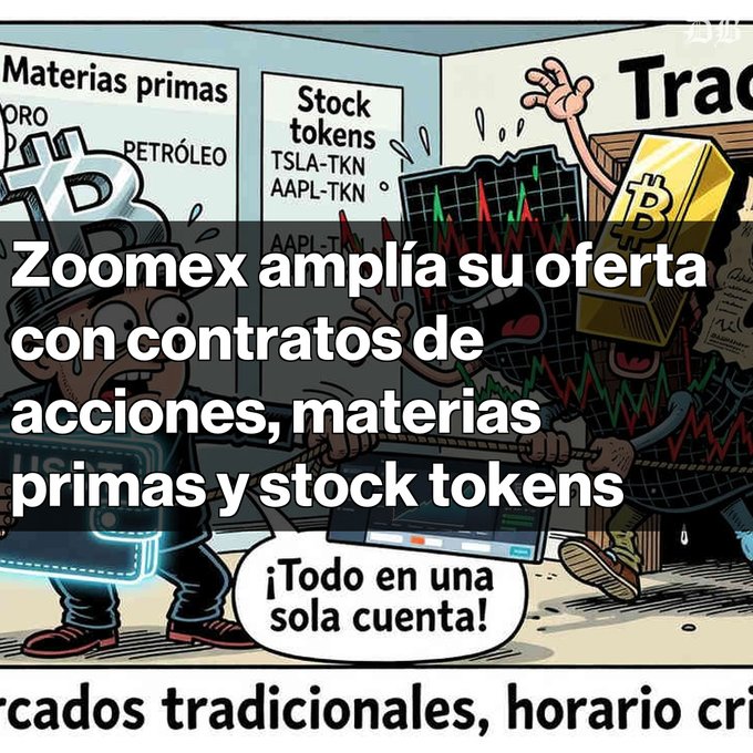 An illustrated promotional graphic for Zoomex in Spanish, stating 'Zoomex amplía su oferta con contratos de acciones, materias primas y stock tokens', with panels labeled 'Materias primas' (ORO, PETRÓLEO) and 'Stock tokens' (TSLA-TKN, AAPL-TKN), plus a cartoon of a Bitcoin character.