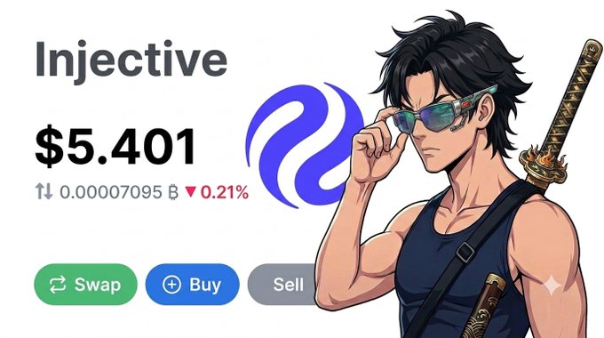 A cryptocurrency display showing Injective at $5.401 (up 0.21%) alongside an anime-style illustration of a young man with a katana adjusting his sunglasses.