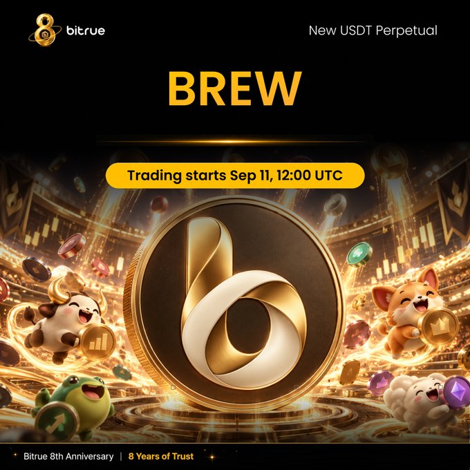 Bitrue announces the new $BREWUSDT perpetual contract with trading starting September 11 at 12:00 UTC, featuring a golden BREW token coin surrounded by cute mascot characters (bull, dog, and frog) celebrating the exchange's 8th anniversary "8 Years of Trust." The promotional graphic marks BREW's launch as a creator-token platform on BNB Chain, available with up to 10x leverage.