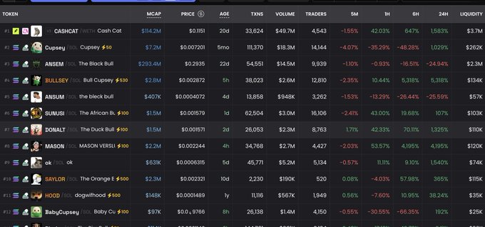Screenshot of a cryptocurrency or meme coin trading dashboard showing tokens like CASHGAT, Cupsey, ANSEM, BULLSEY, ANSUM, SUNUSHI, DONALT, MASON, ok, SAYLOR, HOOD, and BabyCupsey with columns for MCAP, PRICE, AGE, TXNS, VOLUME, TRADERS, and percentage changes.