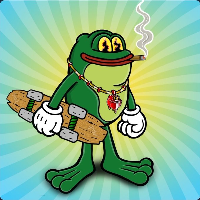 A cartoon illustration of a stoner-style green frog wearing a beaded necklace with a melting medallion, smoking a blunt while holding a skateboard, set against a radiating blue-green background.