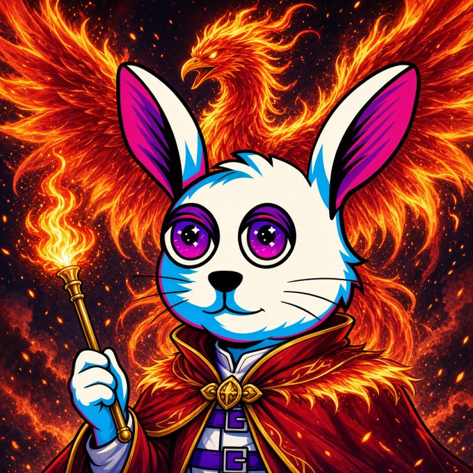 A vibrant, stylized digital illustration features a blue and white rabbit-like character with large purple eyes, wearing a red cape and holding a golden torch against a backdrop of fiery phoenix wings.