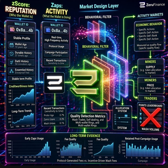 A detailed ZeruFinance dashboard graphic displays 'zScore: REPUTATION', 'Zaps: ACTIVITY', 'Market Design Layer', and various metrics for wallet ID '0x8a...4b' including wash volume warnings.