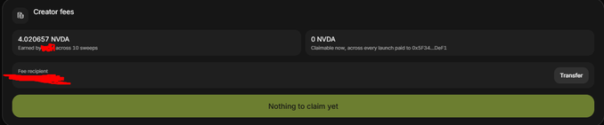 A screenshot of a 'Creator fees' dashboard showing '4.020657 NVDA Earned by' (name redacted), '0 NVDA Claimable now', and a 'Nothing to claim yet' button.