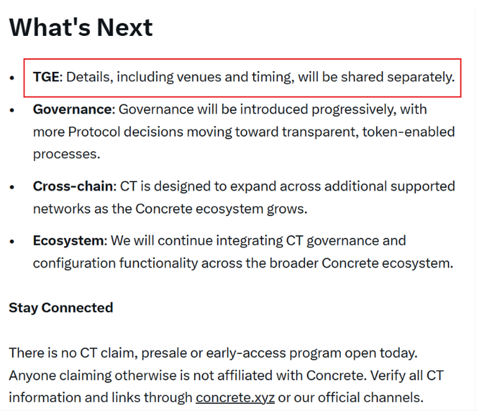A text document titled "What's Next" outlines plans for "TGE," "Governance," "Cross-chain," and "Ecosystem," with the TGE bullet point highlighted in red; below it, a "Stay Connected" section warns there is "no CT claim, presale or early-access program open today."