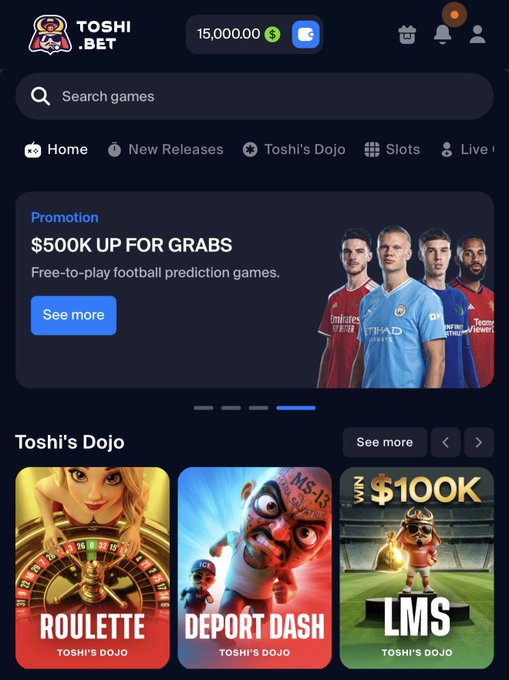 The image displays the Toshi.BET homepage featuring a "$500K UP FOR GRABS" promotion banner alongside Toshi's Dojo games like Roulette, Deport Depart Table, and a "$100K LMS" challenge. It visually supports the post's claim about a half-million dollar giveaway with zero wagering requirements, showcasing the platform's bonus offer directly on the homepage.