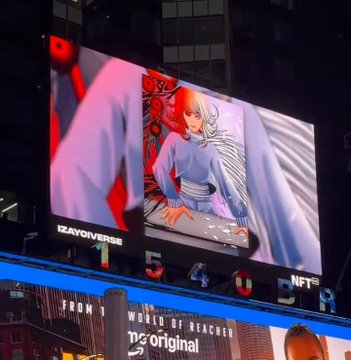 A large billboard in a city at night displays an NFT artwork with the text 'IZAYOVERSE', '#NFT5', and 'original' on a building facade.