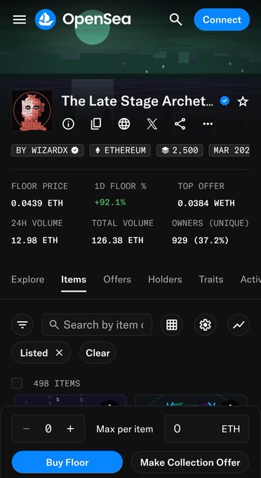 An OpenSea NFT collection page for 'The Late Stage Archet...' on Ethereum, showing a floor price of 0.0439 ETH and a 1D floor increase of +92.1%.