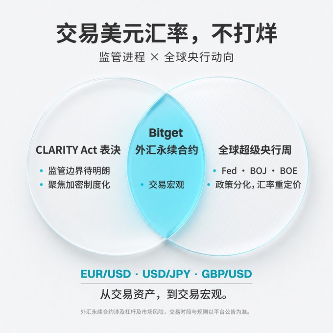 A Venn diagram-style infographic titled "交易美元汇率, 不打烊" (Trade USD Exchange Rates, 24/7) with the subtitle "监管进程 × 全球央行动向" (Regulatory Progress × Global Central Bank Trends) shows two overlapping circles: the left circle represents "CLARITY Act 表决" (CLARITY Act Vote) noting regulatory boundary uncertainty and a focus on crypto regulation, while the right circle represents "全球超级央行周" (Global Super Central Bank Week) listing "Fed · BOJ · BOE" and policy divergence leading to FX repricing, with the intersection labeled "Bitget 外汇永续合约" (Bitget Forex Perpetual Contracts) and "交易宏观" (Trade Macro). Below, currency pairs EUR/USD, USD/JPY, and GBP/USD are listed with the tagline "从交易资产, 到交易宏观" (From trading assets to trading macro), and a disclaimer noting leverage and market risks. The image visually supports