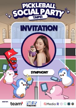 A "PICKLEBALL SOCIAL PARTY TAIPEI" invitation card featuring a young woman holding a stuffed animal, surrounded by cartoon penguin and dinosaur mascots, with the theme "SYMPHONY" and sponsor logos for "teamT" and "Media R".