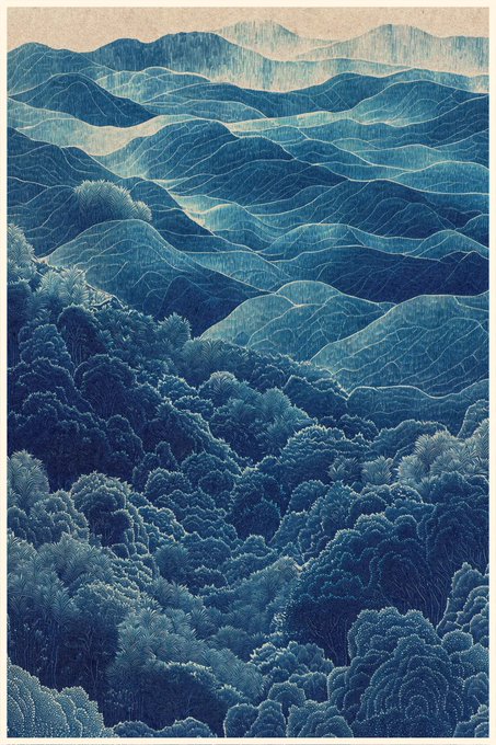 A blue-toned illustration depicting layered rolling hills and trees in a detailed, textured artistic style.