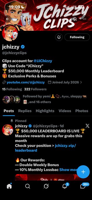 The image shows the X (Twitter) profile of "jchizzy" (@jchizzyclips), a clips account for @JJChizzy featuring a $50,000 Monthly Leaderboard promo, with the pinned post highlighting massive rewards for grabs via jchizzy.vip/leaderboard. The accompanying post contains a Solana wallet address and the word "Thank you," suggesting the image is being shared as a promotional reference or testimonial for the leaderboard/rewards program shown in the pinned tweet.
