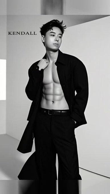 A black-and-white fashion photograph of a young man with an open shirt showing his abs, with the text 'KENDALL' in the upper left corner.