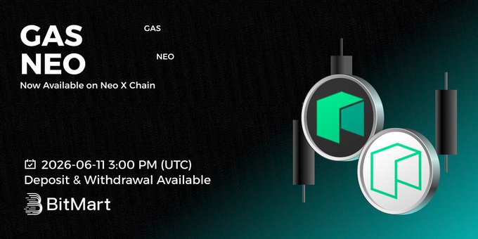 The image features a poster for BitMart that promotes Neo X Chain, a cryptocurrency. The poster displays two coins with green and white colors against a black background. The text on the poster announces that Neo X Chain is now available on BitMart, and it also mentions that deposits and withdrawals are available at this time.