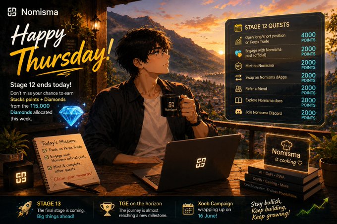 A Nomisma 'Happy Thursday!' promotional graphic featuring an anime-style man at a laptop, advertising Stage 12 quests (engaging on X, minting Nomisma, swapping on dApps, etc.) for points, with hints at Stage 13 TGE on 16 June.