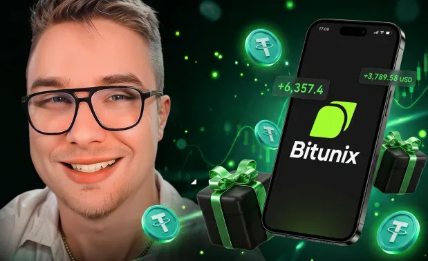The image shows a man wearing glasses and smiling as he poses next to an iPhone with an open app related to trading cryptocurrency. The man and his phone are surrounded by green coins, which could be tokens or digital assets associated with Bitunix, a cryptocurrency exchange platform that offers various Bitcoin-related services. There is also text in the image that indicates there might be a competition or a special promotion for traders interested in Bitunix and cryptocurrencies.