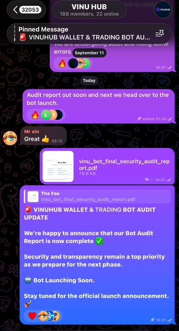 A screenshot of a Telegram chat named 'VINU HUB' with 188 members, showing messages about the 'VINUHUB WALLET & TRADING BOT' and announcing that the Bot Audit Report is complete.