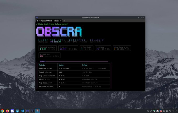 The image shows a computer screen displaying a webpage titled "Obscra" with a mountain landscape as the background. The text on the page indicates that this website is focused on creating a private marketplace infrastructure, which includes features such as encryption for secure data exchange, anonymity in transactions, and stealth execution to ensure privacy during online transactions.

The image also contains several words related to the webpage content: "obscra", "private marketplace", "encryption", "anonymous data exchange", "secure uploads", "solana", "focus on what is in the image". These words provide context about the purpose and features of the website, which appears to be a platform for conducting private transactions or exchanges.