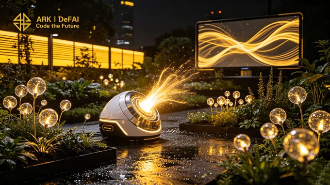 A futuristic garden scene features a glowing spherical device emitting golden streams of light toward a large digital screen displaying flowing wave patterns, with text reading "ARK | DeFAI Code the Future" in the upper left. The illuminated plants, wet pavement, and sci-fi aesthetic visually reinforce the post's message about integrating AI Agents into everyday ARK participation to transform ideas into continuous ecosystem progress.