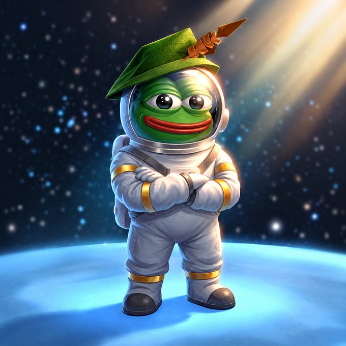 A green Pepe the Frog character dressed as an astronaut in a white spacesuit and Robin Hood-style feathered hat stands confidently on a glowing blue planet, gazing into a starry cosmic backdrop. The image cleverly blends the meme character's space explorer aesthetic with the medieval Robin Hood theme to represent the $RSTR token, which fuses these viral cultural elements to suggest meteoric (and "explosive") growth potential in the trenches.