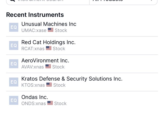 The image shows a screen with several lists of drone company names, including "Unusual Machines Inc.", "Red Cat Holdings Inc.", "AVAVXAS", "AVAVxas", "Kratos Defense & Security Solutions Inc.", and "Kratos Dfvnsxas Stock". The screens also show that the drones are currently up to date. The image is related to a post on Facebook which mentions drone stocks for the pay $onds $ktos xnas stock, indicating interest in these particular companies' shares.